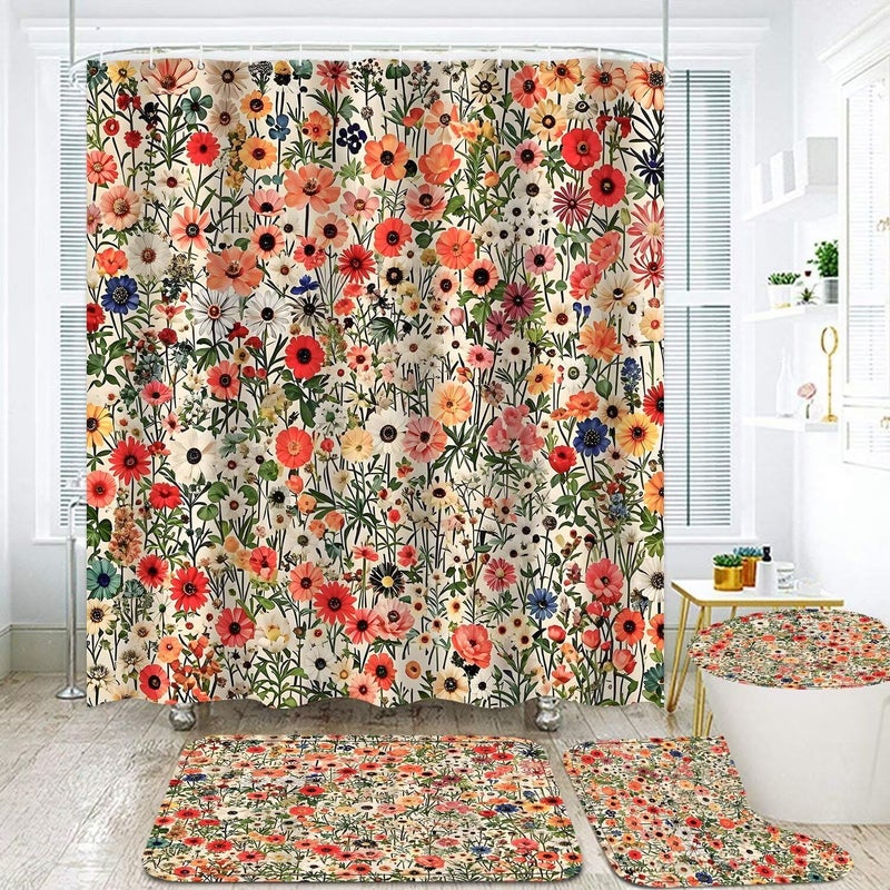 DDQQ 4Pcs Floral Shower Curtain Set Spring Flower Bathroom Sets, Oil Painting Flower Home Bathroom Decor Shower Curtains with Rugs and Toilet Lid Cover - Image 2